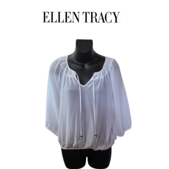 J. Crew Tops - 🎉🎊💥ELLEN TRACY WHITE SHEER PEASANT BLOUSE💥🎊🎉